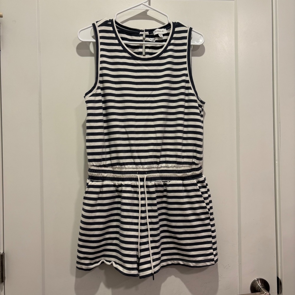 Evereve Women L Navy White Striped Sleeveless Romper Elastic Waist Pockets